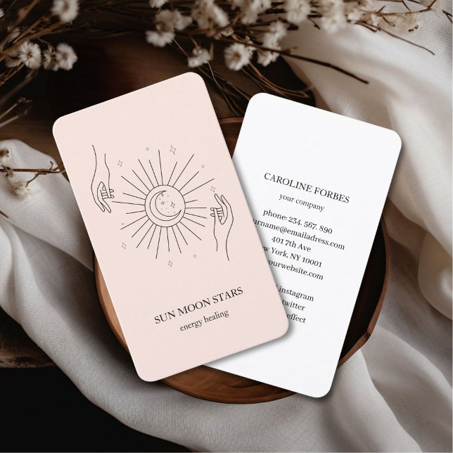 Minimalistic sun moon star Business card (Minimalistic sun moon star light-pink Business card)