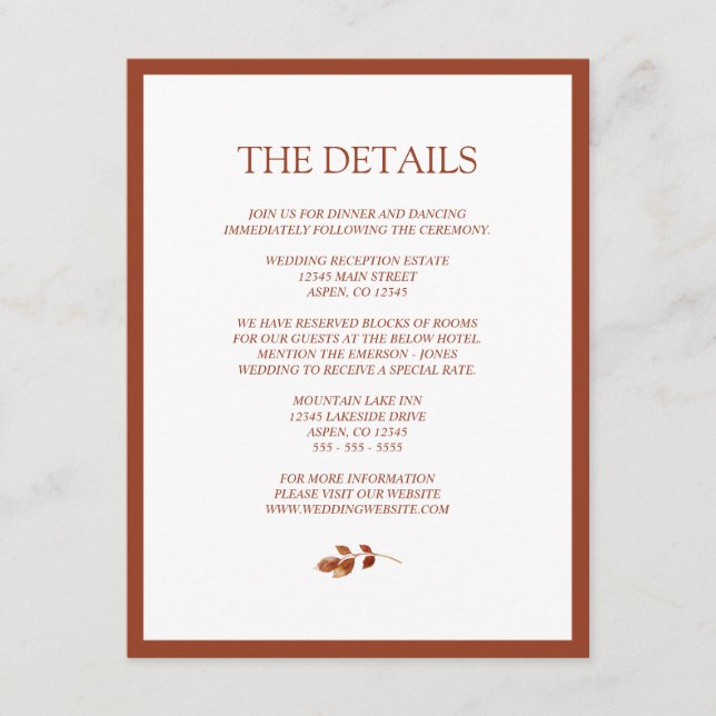 Minimalistic Terracotta Fall Leaves Border Wedding Enclosure Card (Front)