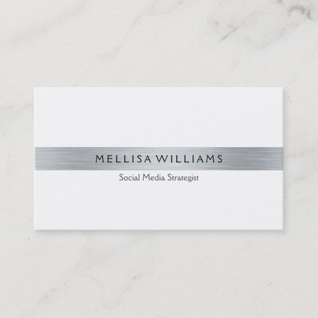 Minimalistic tin metallic silver stripes on white business card (Front)