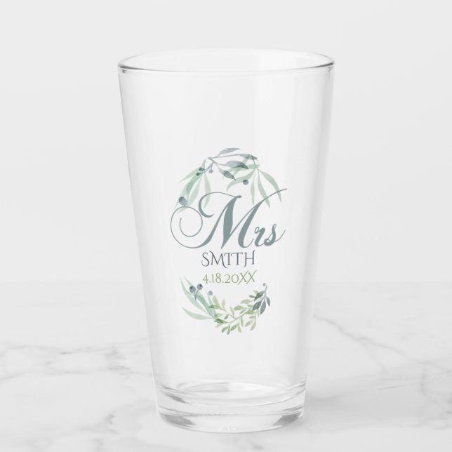 Minimalistic Watercolor Foliage Bride Glass (Front)