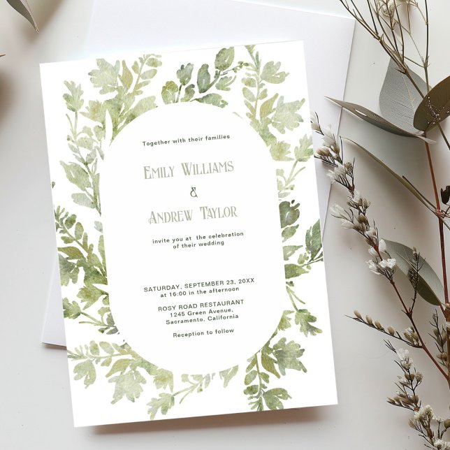 Minimalistic watercolor green wedding invitation  (Elegant minimalistic watercolor green invitation, perfect for weddings or baby showers)