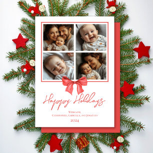 Minimalistic Watercolor Red Ribbon Family Photos  Holiday Card