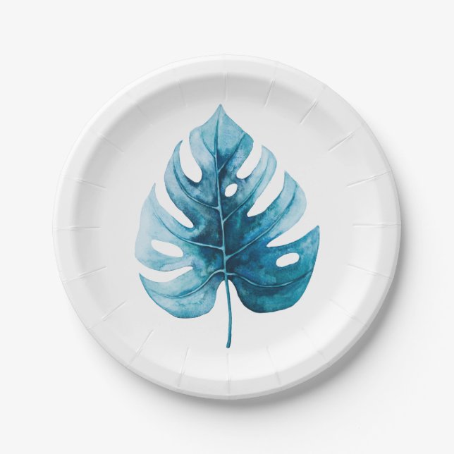 Minimalistic Watercolor Tropical Monstera Leaf Paper Plate (Front)