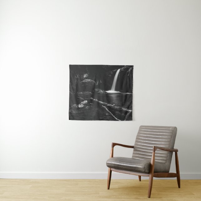 Minimalistic waterfall behind broken tree in black tapestry (In Situ (Horizontal))