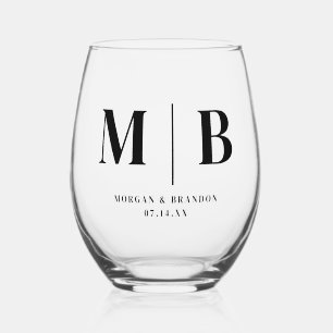 Minimalistic Wedding Couple Names Monogram Stemless Wine Glass