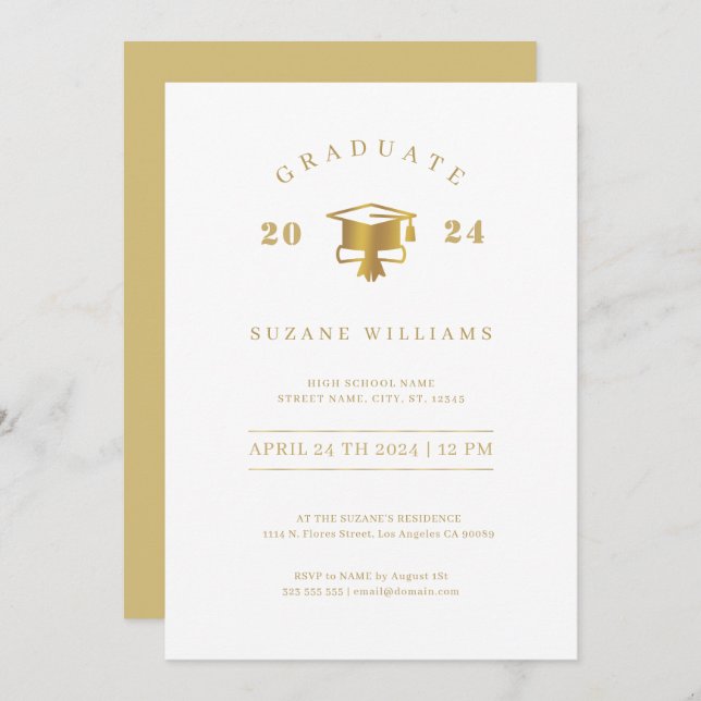 Minimalistic White and Gold Graduation Party Invitation (Front/Back)