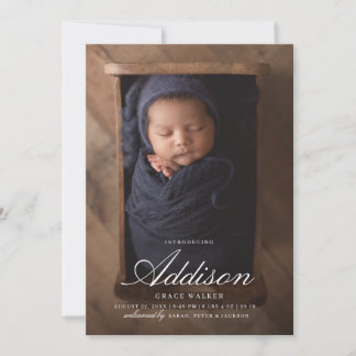 Minimalistic White Calligraphy 6 Photos Birth Announcement
