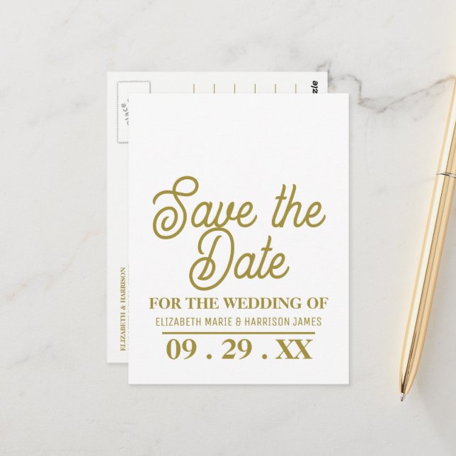Minimalistic, White & Gold, Wedding Save the Date Postcard (Front/Back In Situ)