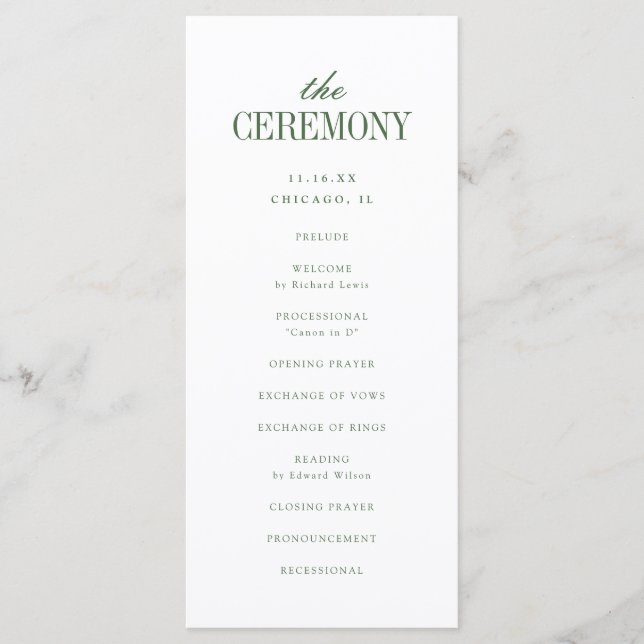 Minimalistic White & Olive Green Wedding Ceremony Program (Front)