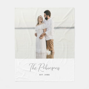 Minimalistic White Script Custom Couple Photo Fleece Blanket