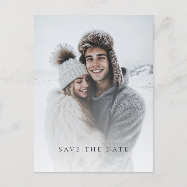 Minimalistic wintery photo save the date postcard (Front)