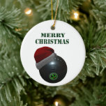 Minimalists Bowls Merry Christmas,  Ceramic Ornament<br><div class="desc">Pictured is a lawn bowl wearing a Santa hat with the words Merry Christmas</div>