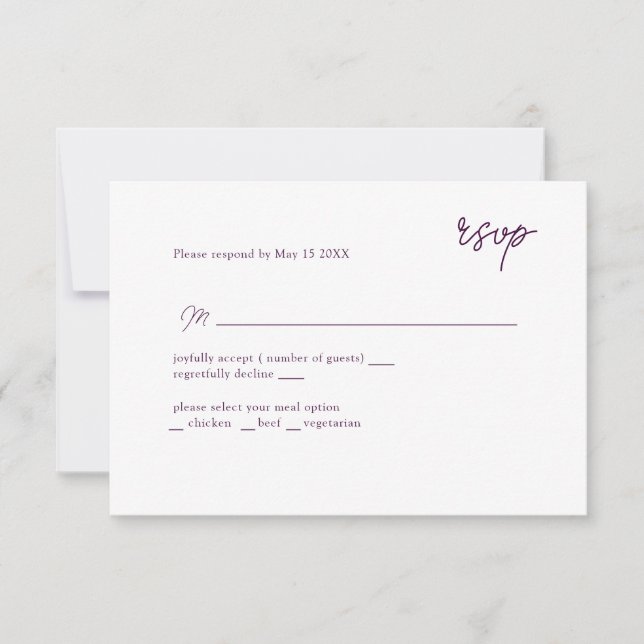 MInimally purple scripted RSVP Card (Front)