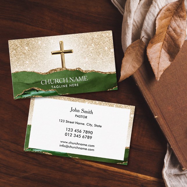 Ministry Church Pastor Deacon Bishop Gold Cross Business Card (gold cross with green agate mountains and glitter gold sky church business cards for deacon, bishop)
