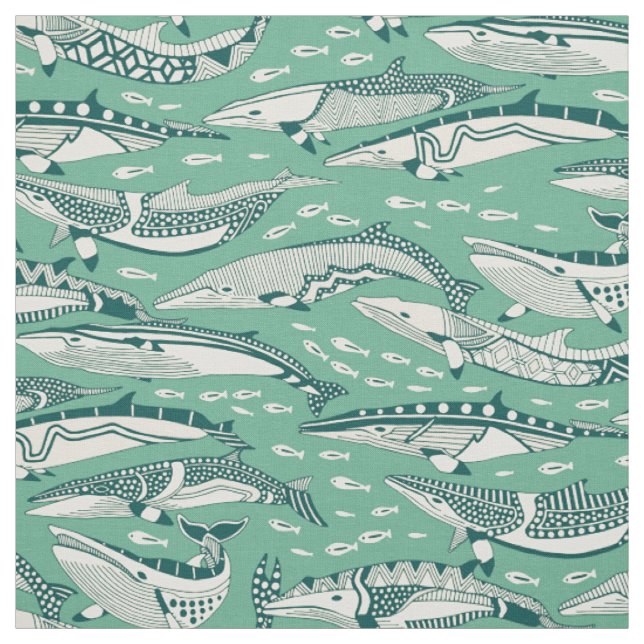 minke whales dark teal peppermint fabric (Swatch)