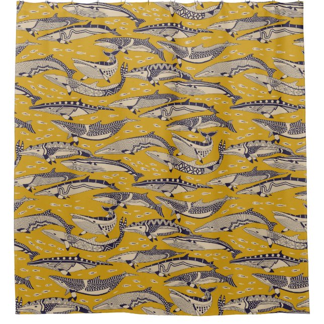 minke whales gold shower curtain (Front)