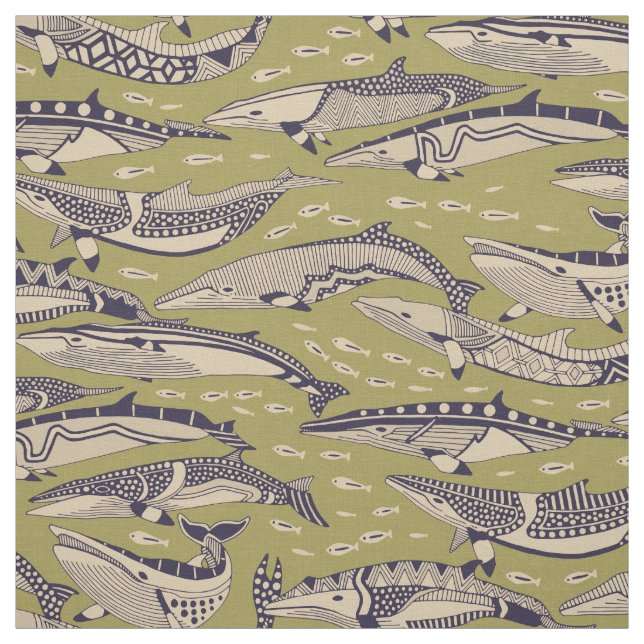minke whales green fabric (Swatch)
