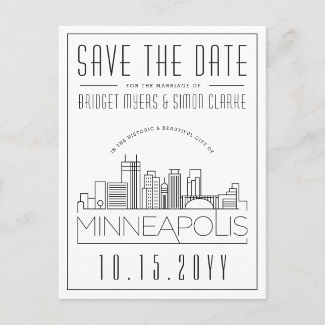 Minneapol Wedding | Stylised Skyline Save the Date Postcard (Front)