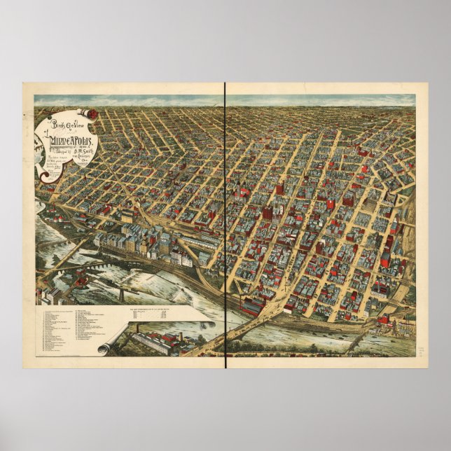 Minneapolis Minnesota 1891 Antique Panoramic Map Poster (Front)