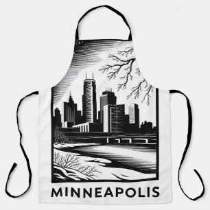 Minneapolis Skyline Black and White Woodcut Winter Apron
