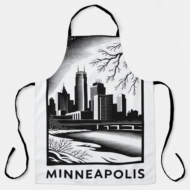Minneapolis Skyline Black and White Woodcut Winter Apron (Front)
