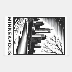 Minneapolis Skyline Black and White Woodcut Winter Rectangular Sticker