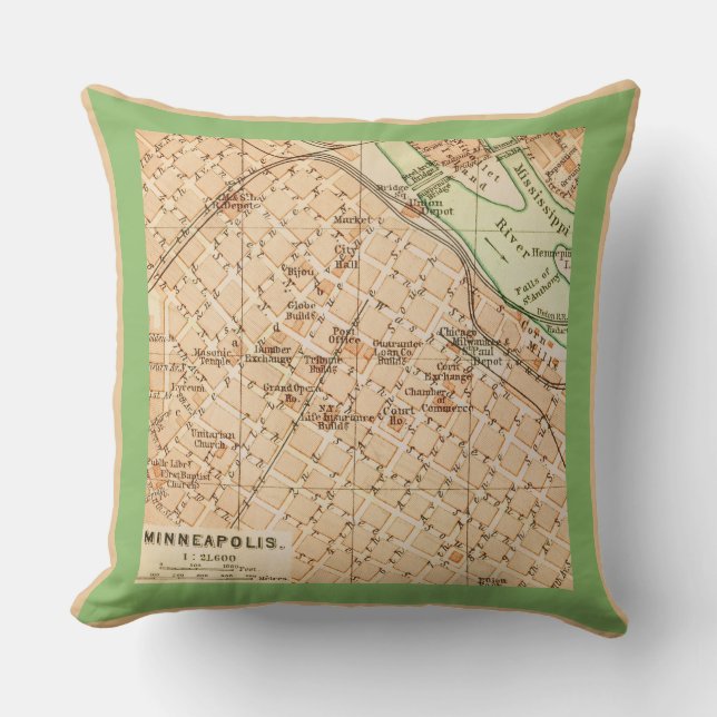 Minneapolis Vintage Map Throw Pillow (Front)