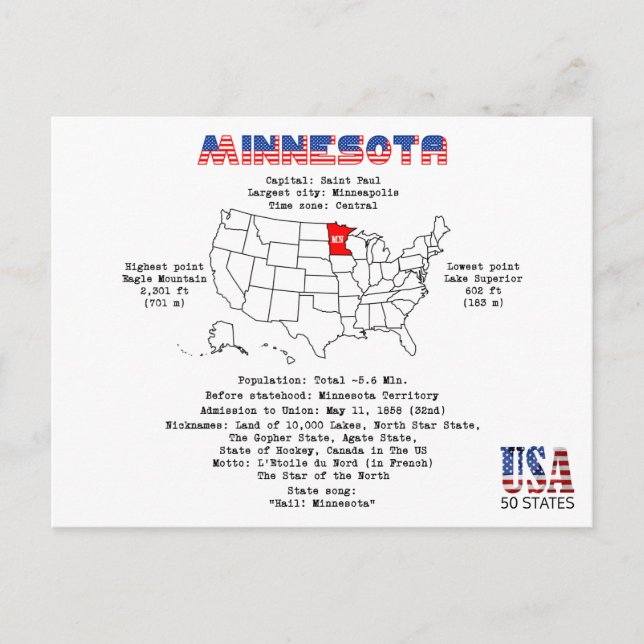 Minnesota American state on a map and useful info Holiday Postcard (Front)