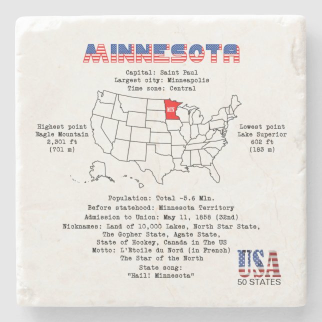 Minnesota American state on a map and useful info Stone Coaster (Front)