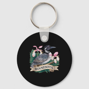 Minnesota Common Loon Bird And Ladys Slippers Flow Key Ring