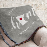 Minnesota Home State Personalised Throw Blanket<br><div class="desc">Show some home state pride with this cute rustic grey throw blanket featuring "home" in white calligraphy script lettering with a silhouette map of the state of Minnesota standing in for the letter "O." A red heart illustration inside the state map completes the design; you can change the position of...</div>