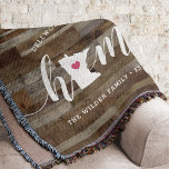 Minnesota Home State Personalised Wood Look Throw Blanket<br><div class="desc">Show some home state pride with this cute rustic faux wood plank throw blanket featuring "home" in white calligraphy script lettering with a silhouette map of the state of Minnesota standing in for the letter "O." A pink heart illustration inside the state map completes the design; you can change the...</div>