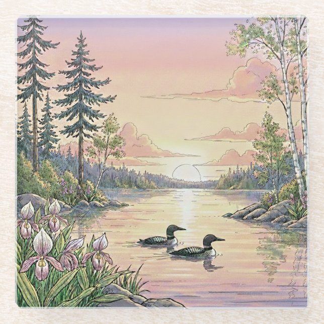 Minnesota Lake Sunset with Loons, Coaster (Front)