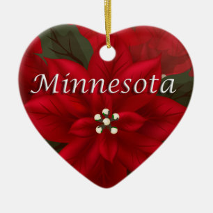 Minnesota Red Poinsettia Heart  Keepsake Ornament