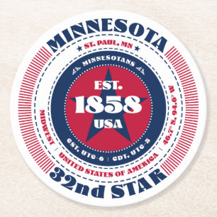 Minnesota Red White Blue Typography Round Paper Coaster