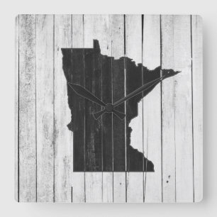 Minnesota Rustic Black and White Wood Panel Farm Square Wall Clock