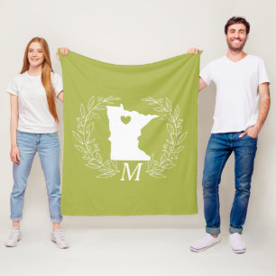 Minnesota state map wreath leaves monogram fleece blanket
