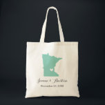 Minnesota Wedding Welcome Tote Bag<br><div class="desc">Welcome out of town wedding guests with a bag full of snacks and treats personalised with the state where you're getting married and the bride and groom's names and wedding date. Click Customise It to move the heart to show any city or location on the state map. Use the design...</div>