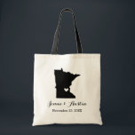 Minnesota Wedding Welcome Tote Bag<br><div class="desc">Welcome out of town wedding guests with a bag full of snacks and treats personalised with the state where you're getting married and the bride and groom's names and wedding date. Click Customise It to move the heart to show any city or location on the state map. Use the design...</div>