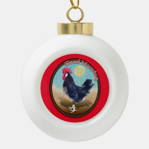 Minorca Rooster Good Morning Vintage Oval Ceramic Ball Christmas Ornament