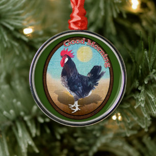 Minorca Rooster Good Morning Vintage Oval Metal Ornament