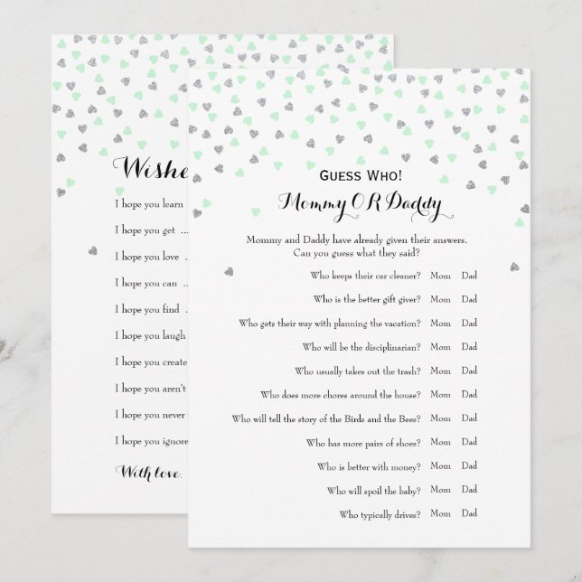 Mint 2x Baby Shower Games Wishes | Guess Who Invitation (Front/Back)