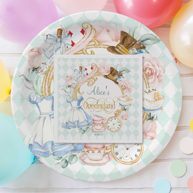 Mint Alice Wonderland tea party 1st birthday Napkin (Teal, Girl 1st birthday, Mad hatter, Tea party, Alice in Wonderland, birthday paper napkins.)