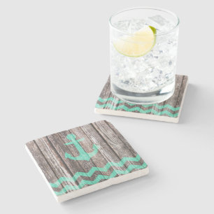 Mint Anchor on old wood Stone Coaster