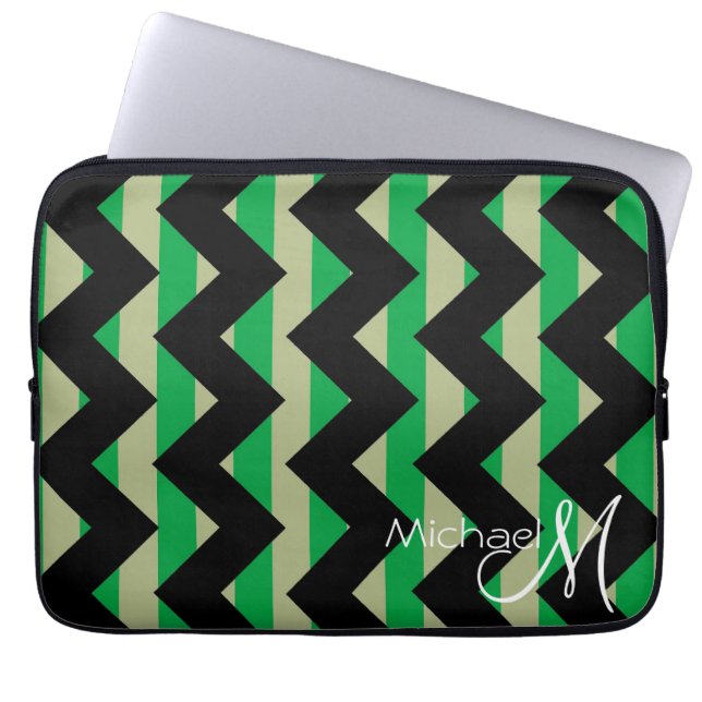 Mint and Black Chevron Zigzag Custom Monogram Laptop Sleeve (Front)