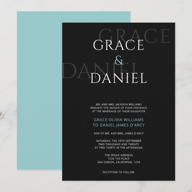 Mint and Black Modern Shadow Name Wedding Invitation (Front/Back)