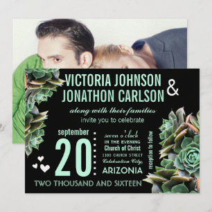 Mint and Black Your Photo Succulent Modern Wedding Invitation