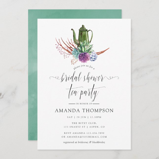 Mint and Blue Boho Bridal Shower Tea Party Invitation (Front/Back)