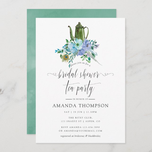 Mint and Blue Boho Bridal Shower Tea Party Invitation (Front/Back)