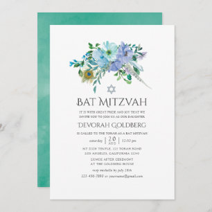 Mint and Blue Boho Floral Bat Mitzvah Invitation